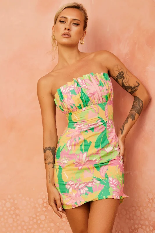 Flowers Of Love Mini Dress - Pink Multi Fashionable Pleated Mini Dress