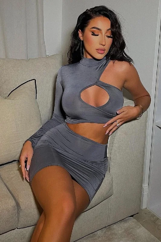 Charcoal Grey Cut Out Mini Dress - Halle Trendy Wraparound Mini Dress