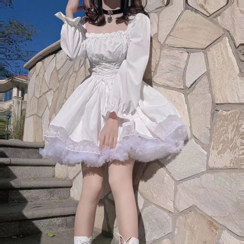 Lizakosht-White Lolita Dress Kawaii Vinatge Long Sleeve Mini Dresses Black Gothic Bandage Lace Patchwork Streetwear Square Collar Casual Mini Dress with Pockets