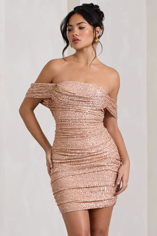Light Up | Gold Sequin Bardot Mini Dress With Drape Detail Cozy Long Sleeve Mini Dress