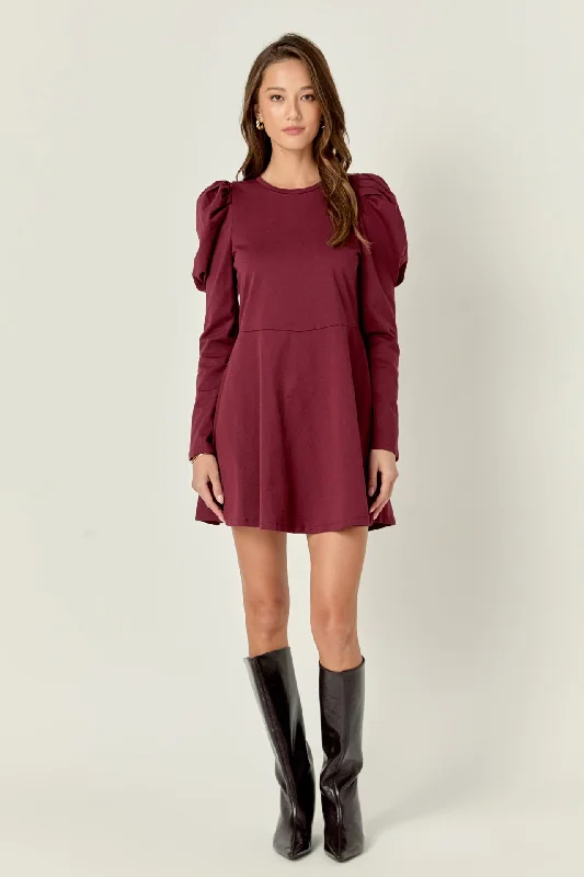 English Factory - Long Puff Sleeve Mini Dress Cozy Jersey Mini Dress