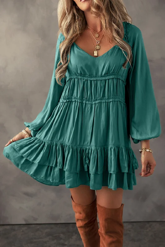 Mist Green Tiered Ruffled Puff Sleeve Loose Fit Mini Dress Comfortable Bodycon Mini Dress Mist Green Tiered Ruffled Puff Sleeve Loose Fit Mini Dress Comfortable Bodycon Mini Dress