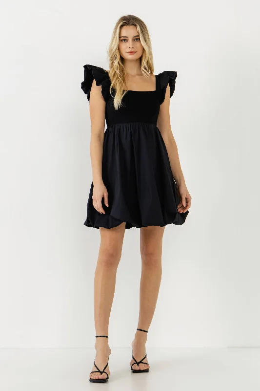 Endless Rose - Mix Media Balloon Detail Mini Dress Fashionable Party Mini Dress
