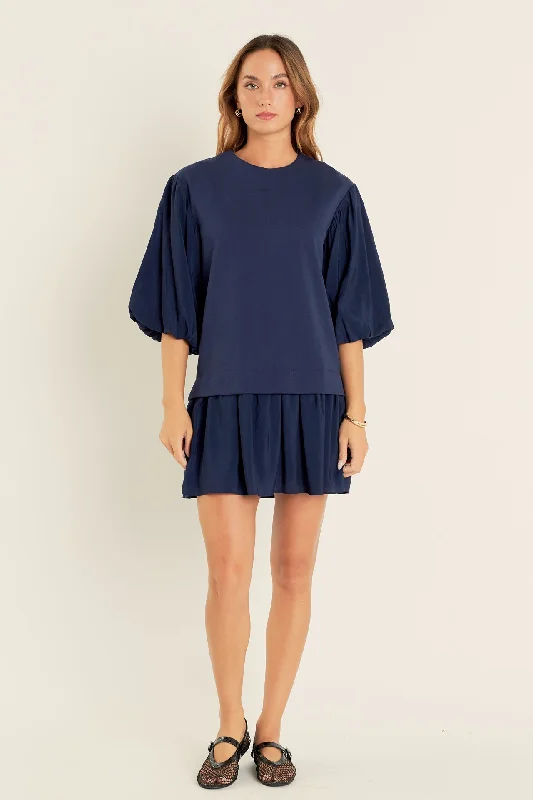 English Factory - Mixed Media Blouson Mini Dress Comfortable Ruffle Mini Dress