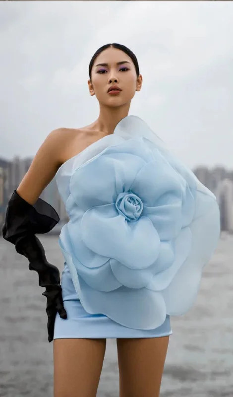 ONE SHOULDER FLOWER MINI DRESS IN BLUE Elegant Mini Dress with Pleats