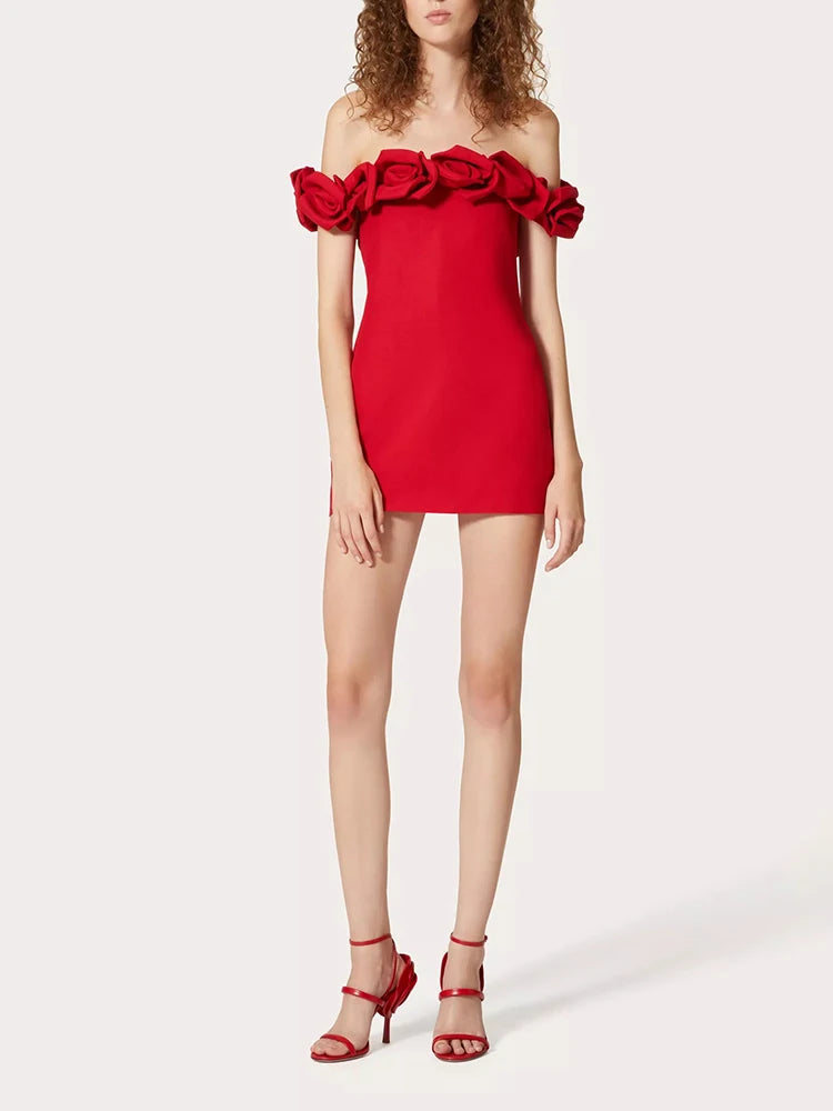 Off Shoulder Patchwork 3D Rose Mini Dress Fashionable Mini Dress with Pockets