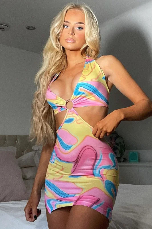 Pink Marble Cut Out Ring Detail Halter Neck Mini Dress - Joanie Chic Tropical Mini Dress
