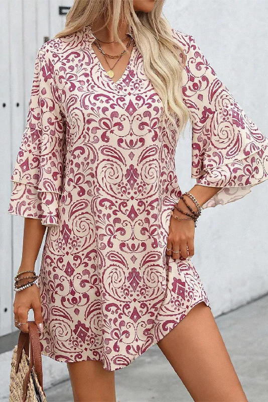 Pink Paisley Print Tiered 3/4 Sleeve Notched Neck Mini Dress Chic Mini Dress with V-Neck
