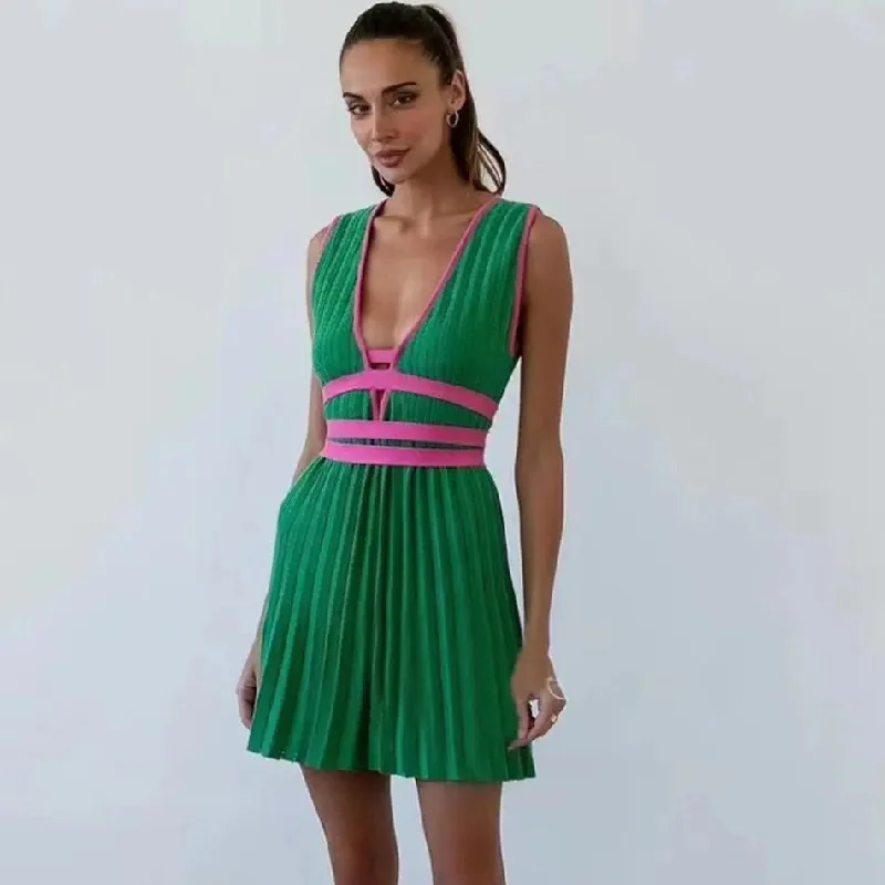 Pleated Belted Tie Mini Dresses Elegant Off-Shoulder Dress Mini