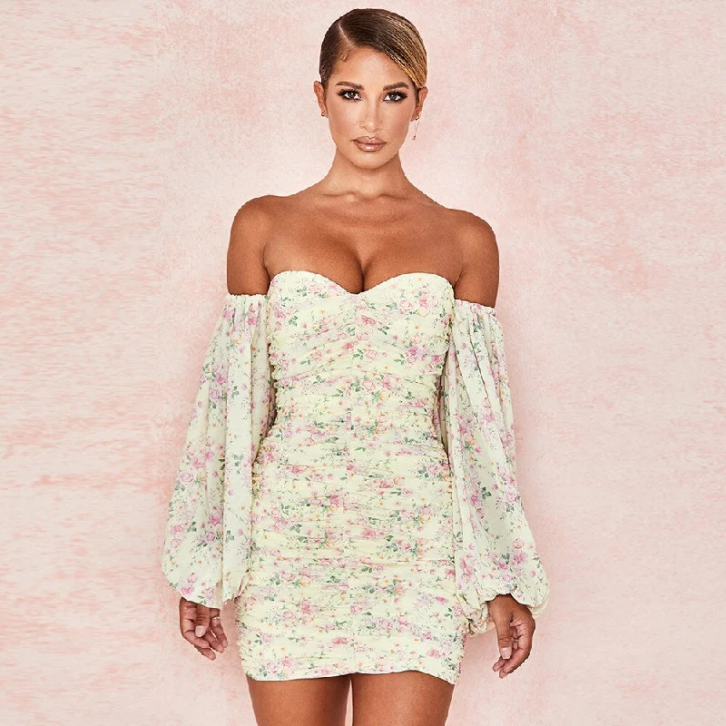 Printed Chest Bubble Sleeve Mini Dress Elegant Off-Shoulder Dress Mini