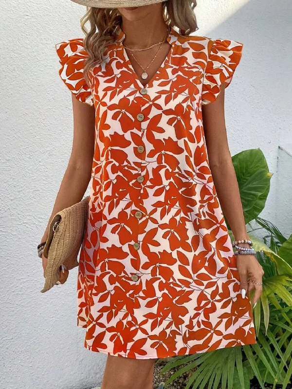 Printed Notched Cap Sleeve Mini Dress Stylish Puff Sleeve Mini Dress