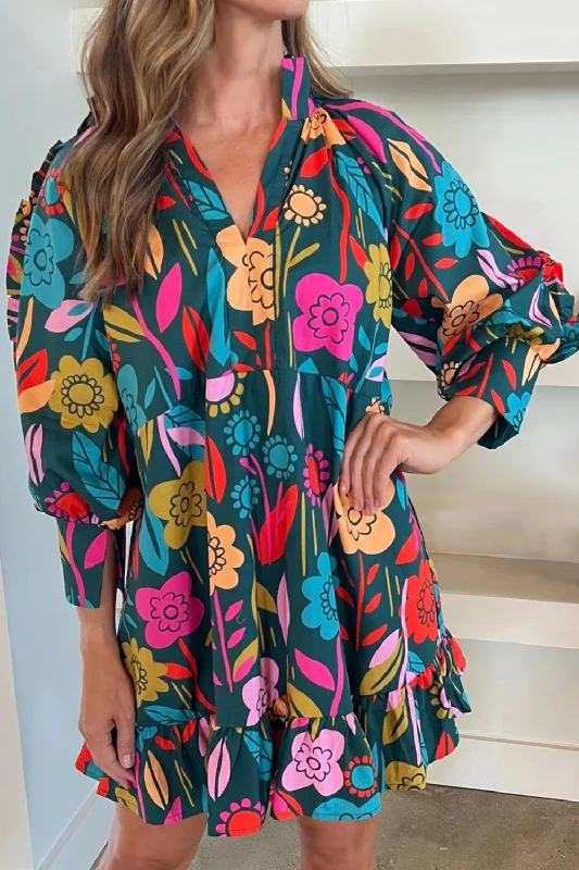 Printed Notched Lantern Sleeve Mini Dress Cozy Satin Mini Dress