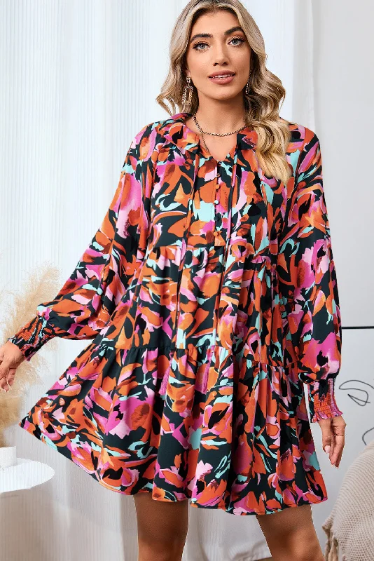 Printed Tie Neck Lantern Sleeve Mini Dress Fashionable Polka Dot Mini Dress