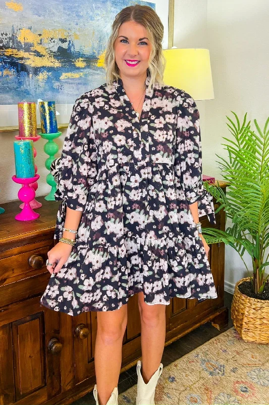 Raining Flowers Mini Dress - Black Stylish Ribbed Mini Dress