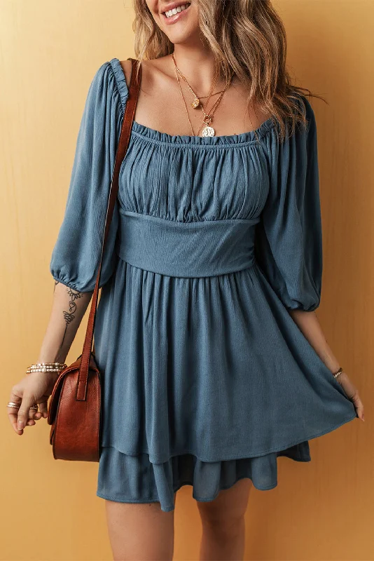 Real Teal Frilled Neckline 3/4 Sleeve Layered Ruched Mini Dress Comfortable Zip-Up Mini Dress
