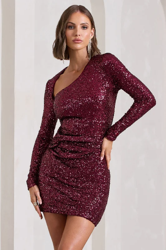 Rising Star | Burgundy Sequin Long-Sleeved Twisted Mini Dress Stylish Sweetheart Mini Dress