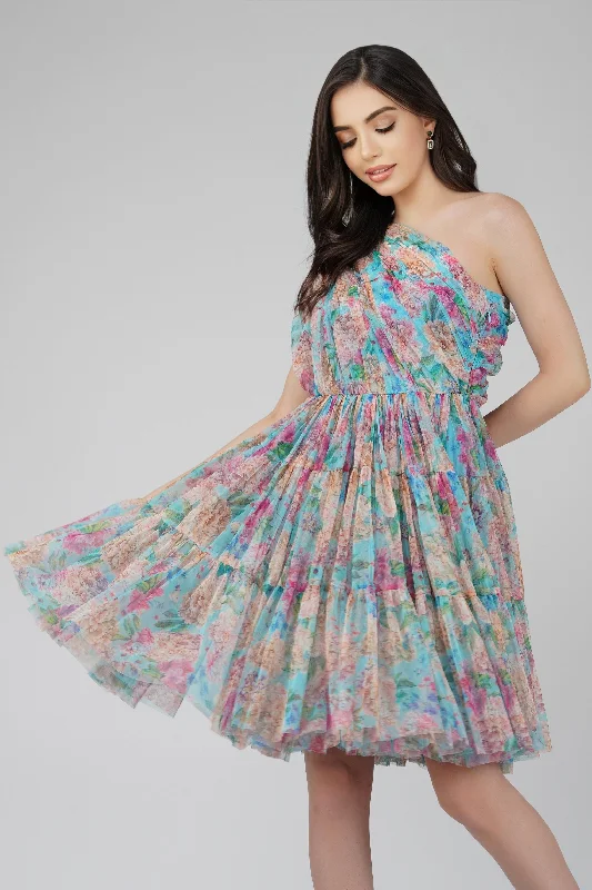 Roka Floral One Shoulder Mini Dress in Blue Trendy Bodycon Mini Dress