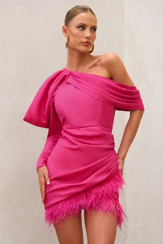 RSVP | Hot Pink Asymmetric Volume Sleeve Draped Feather Mini Dress Comfortable Bodycon Mini Dress