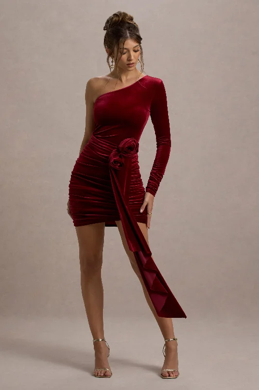 Saint Moritz | Berry Velvet One Sleeve Mini Dress With Flower Drape Classic Shift Mini Dress