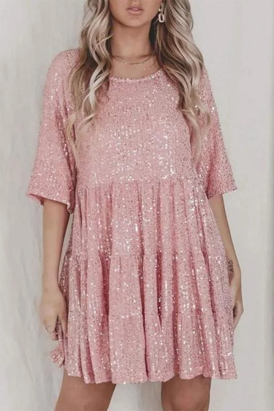 SEQUIN 1 2 SLEEVES MINI DRESS Chic Sleeveless Mini Dress