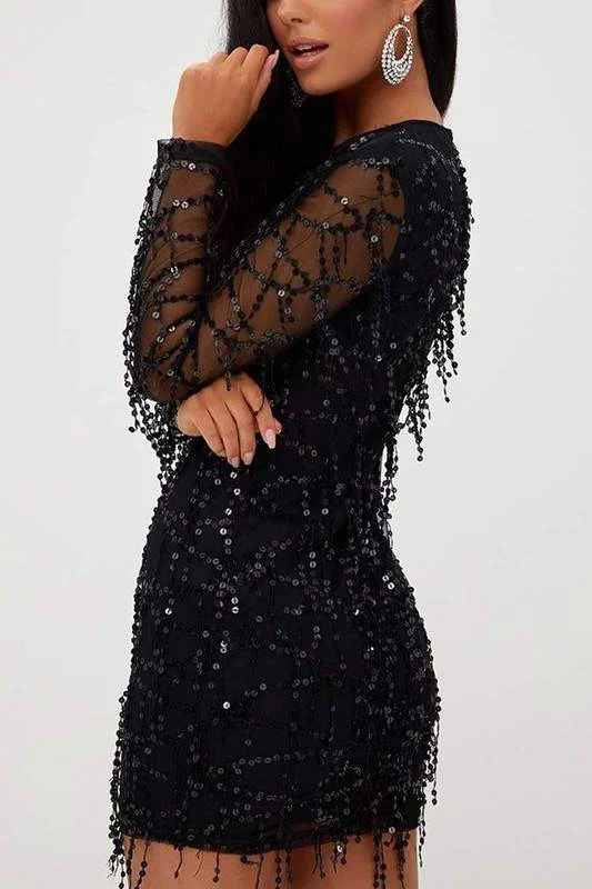 SEQUIN SHEER FRINGE MINI DRESS Fashionable Mini Dress with Slits