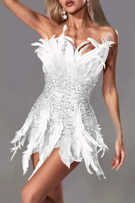 SEQUINS FEATHER MINI DRESS Fashionable Mini Dress with Slits