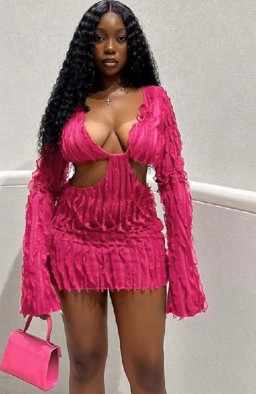 SEXY RIPPLE HOLLOWED OUT LONG SLEEVE MINI DRESS Modern Satin Mini Dress