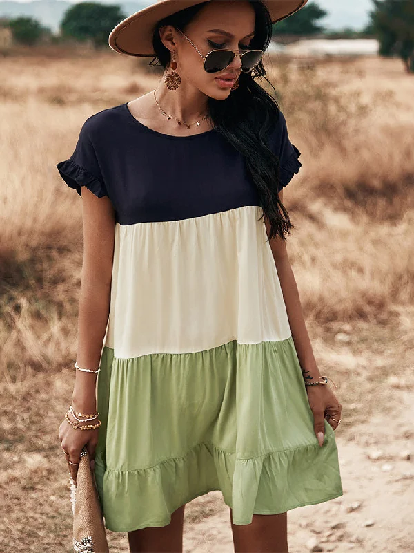 Short Sleeve Round Neck Mini Dress Fashionable Mini Dress with Slits