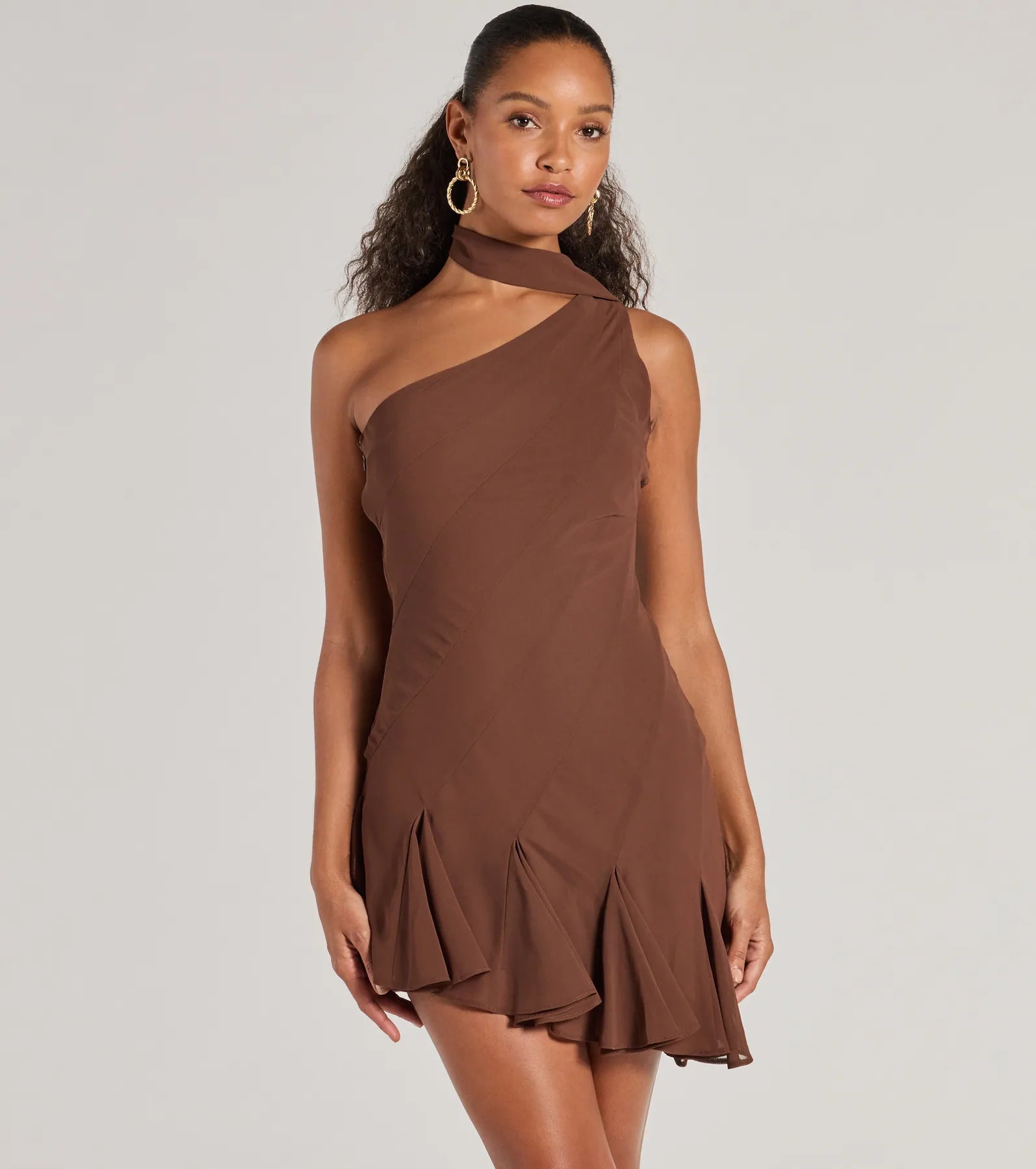 Sleek And Elevated Chiffon Scarf Neck Mini Dress Fashionable Mini Dress with Pockets