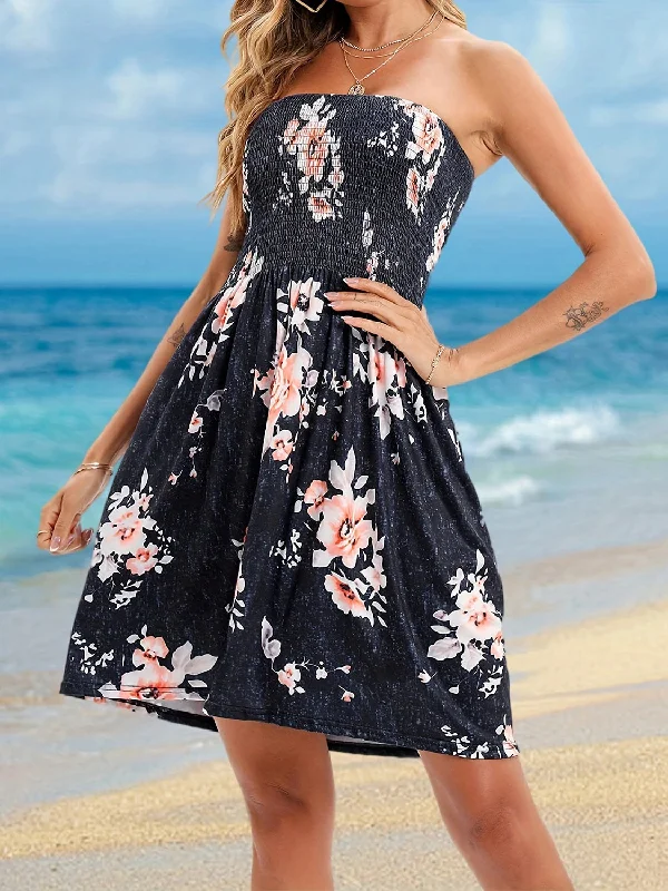 Full Size Smocked Printed Tube Mini Dress Cozy Knit Mini Dress