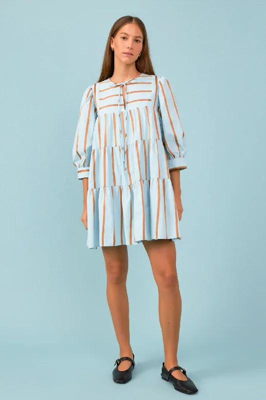 English Factory - Striped Blouson Mini Dress Comfortable Casual Mini Dress