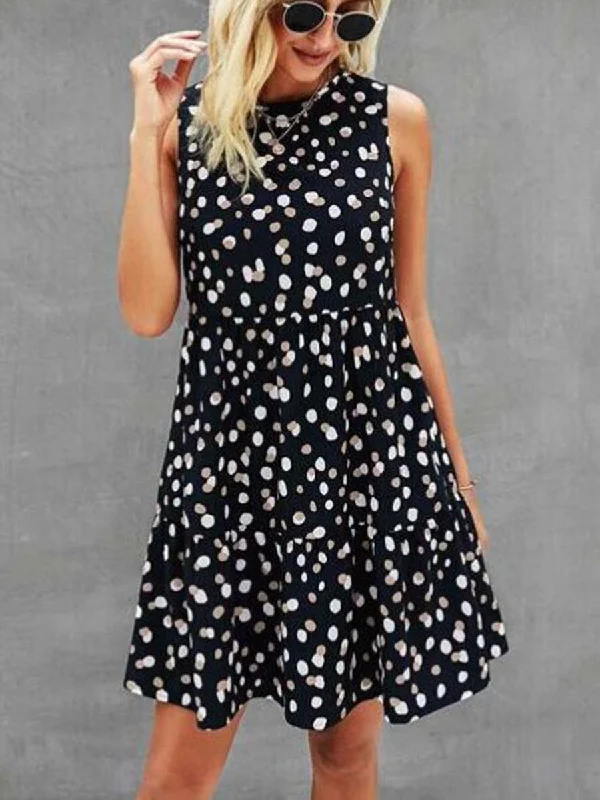 Sleeveless Round Neck Polka Dot Mini Dress Trendy Lace Mini Dress