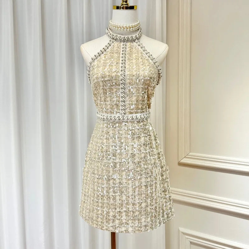 Trendy Small Fragrant Tweed Sleeveless Mini Dress Chic Mini Dress with V-Neck
