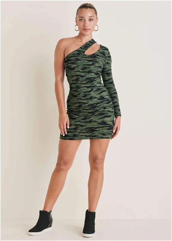 One-Shoulder Cutout Mini Dress - Rebel Camo Comfortable Zip-Up Mini Dress