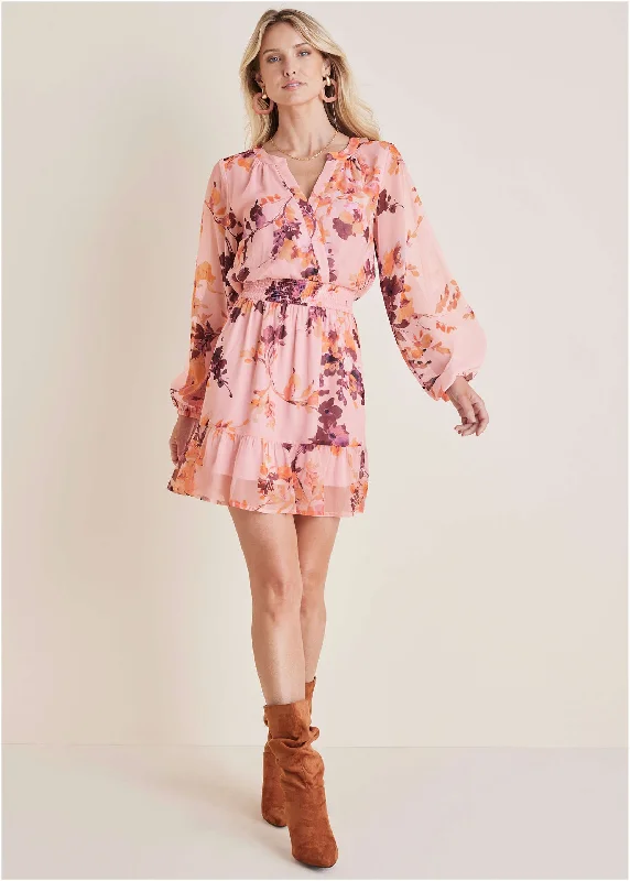 Long Sleeve Floral Mini Dress - Winter Floral Trendy Wraparound Mini Dress