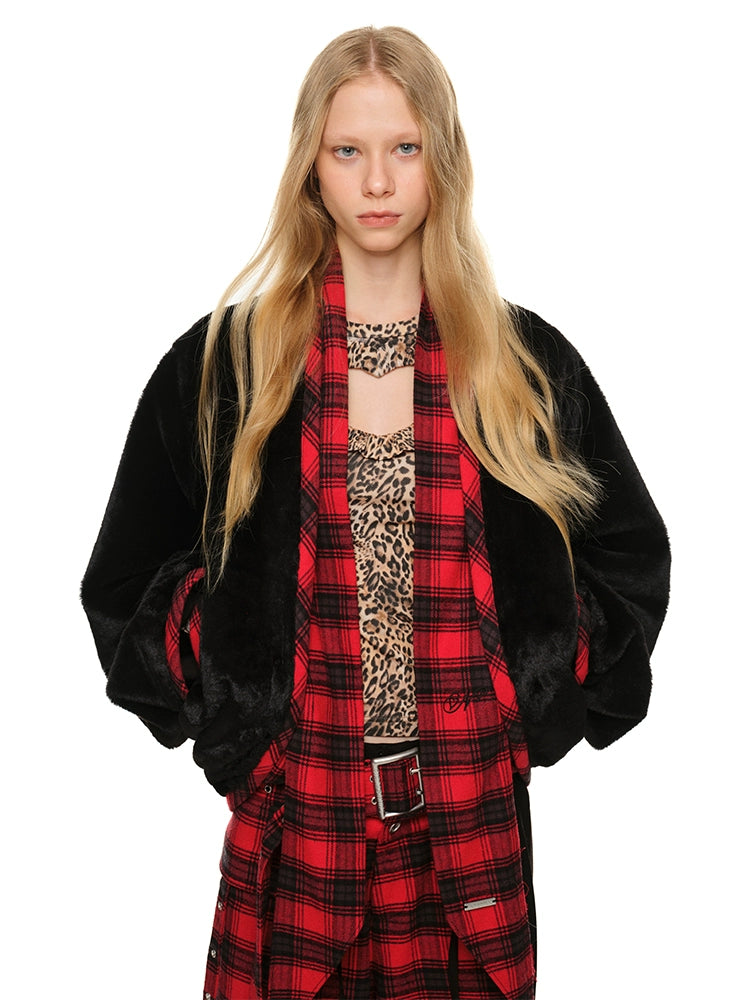 Short Color-Block Rabbit Fur Tie Jacket Corduroy Jacket Velvet Jacket Brocade Jacket