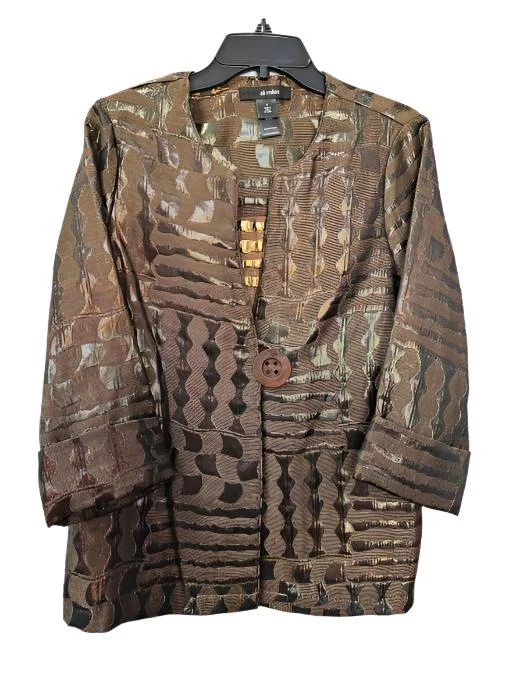 Jacket-Brown- Tunic-Woven Button Front-Women's-A43647jm Front Pockets Side Pockets Patch Pockets