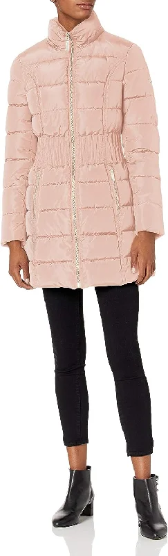 LAUNDRY BY SHELLI SEGAL Women's 3/4 Puffer Jacket with Zig Zag Cinched Waist and Faux Fur Trim Hood, Dusty Pink Coat Jacket Hoodie Zip-Up Jacket Button-Up Jacket