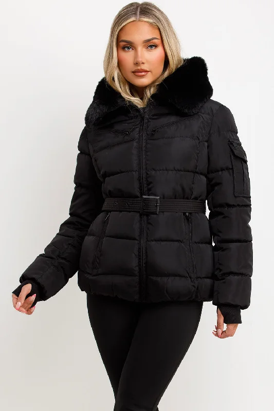 Black Faux Fur Hood Jacket With Belt Wool Jacket Cashmere Jacket Tweed Jacket