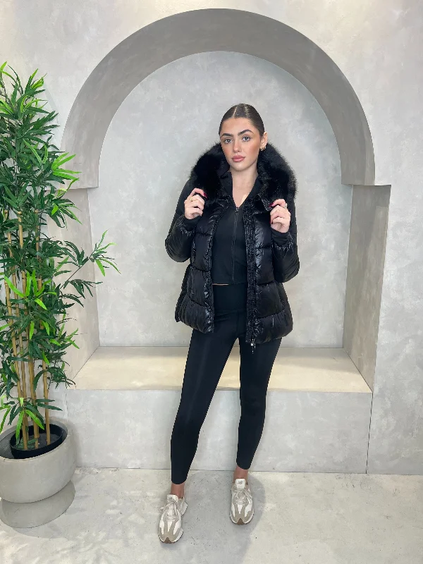 Black Faux Fur Hood Puffer Jacket Herringbone Jacket Checkered Jacket Solid Jacket