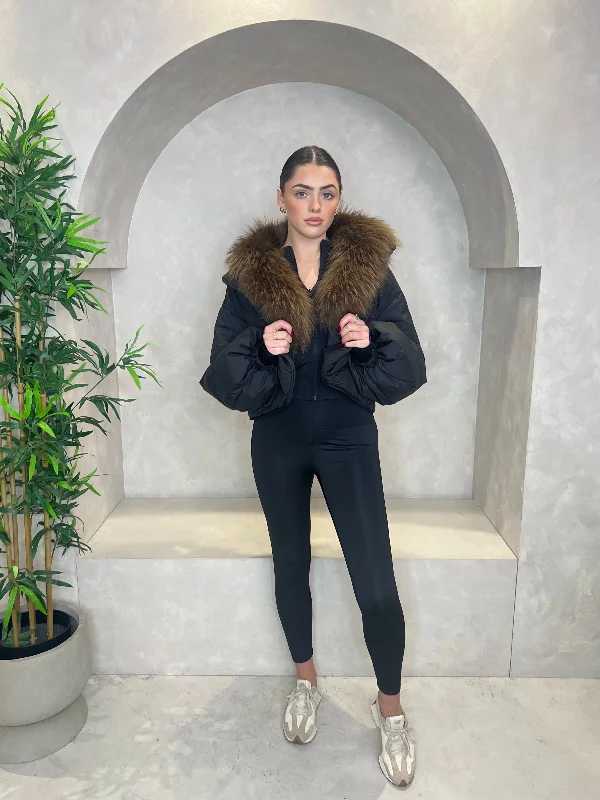Black Luxury Fur Trim Crop Jacket Satin Fabric Silk Fabric Chiffon Fabric