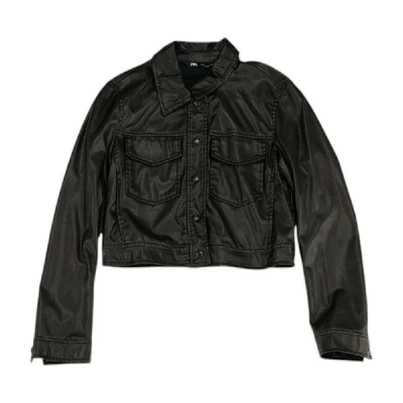 Black Solid Faux Leather Jacket Tailored Jacket Straight Jacket A-Line Jacket
