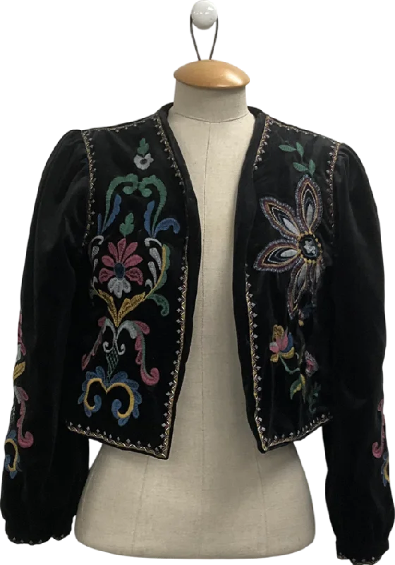 Black Velvet V-neck Floral Embroidery Tie Front Jacket UK S Print Jacket Jacquard Jacket Embroidered Jacket