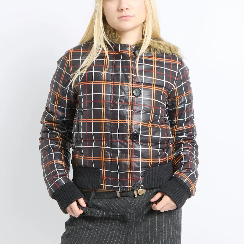 Boosley Checked Fur Trim Puffer Jacket - UK 12 Boat Neck Shawl Collar Notched Collar