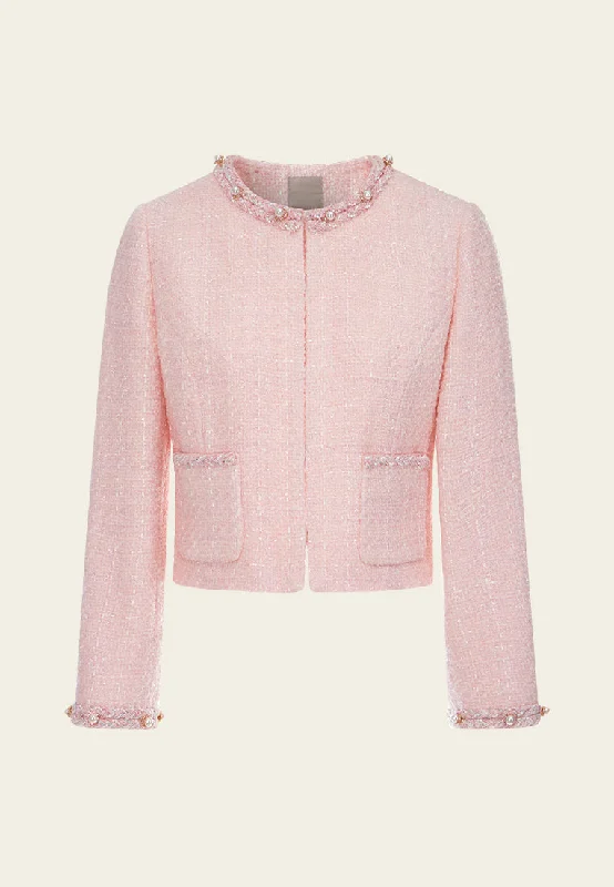 Braided-detail Pearl-embellished Cropped Jacket Plaid Jacket Tartan Jacket Houndstooth Jacket