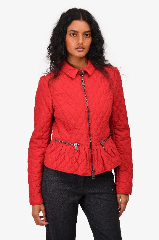 Burberry Red Nylon Quilted Jacket Size 6 Trench Coat Raincoat Waterproof Jacket