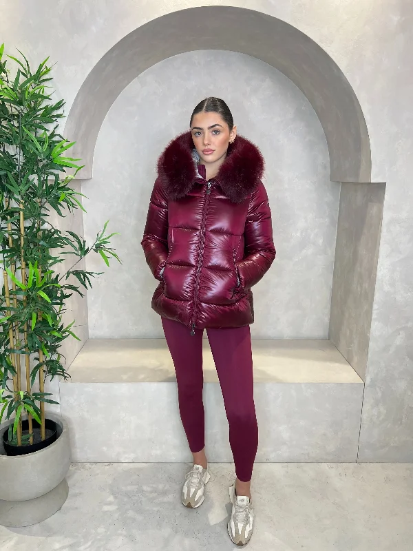 Burgundy Faux Fur Hood Puffer Jacket Lace Jacket Ribbed Jacket Sequined Jacket
