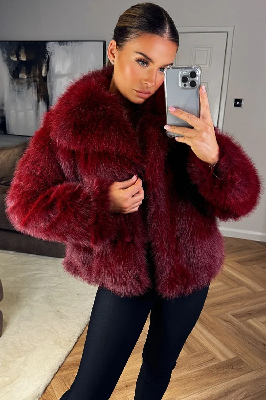 Burgundy Faux Fur Short Plush Jacket Bomber Jacket Anorak Windbreaker