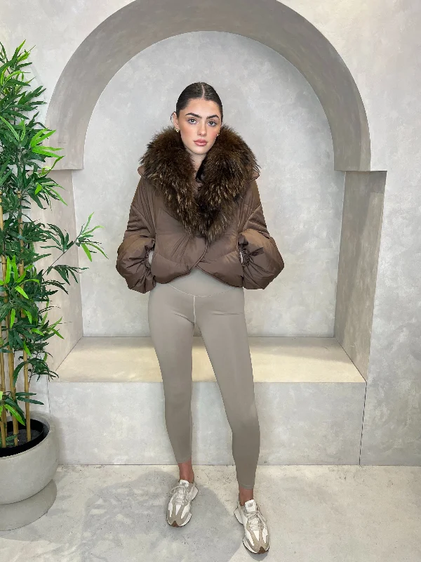 Chocolate Luxury Fur Trim Crop Jacket Toggled Jacket Drawstring Jacket Belted Jacket