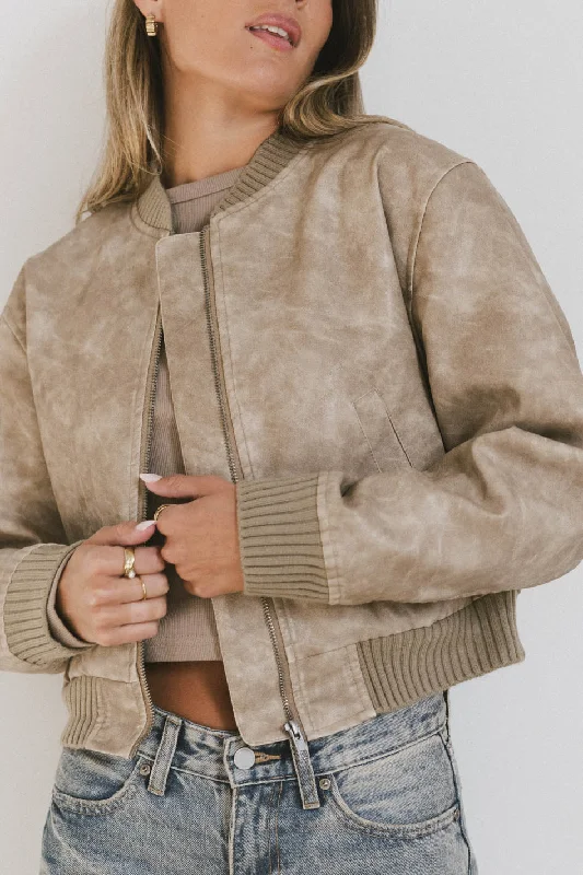 Clarissa Bomber Jacket in Tan Welt Pockets Slit Pockets Flap Pockets